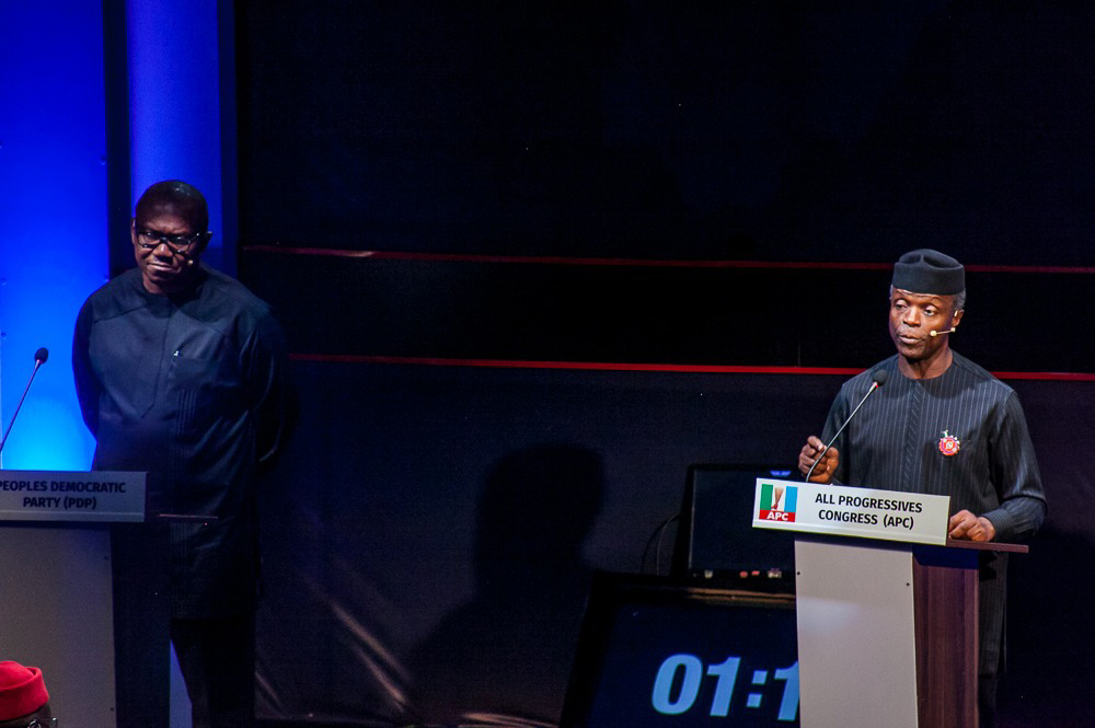 From left: Peter Obi of Peoples Democratic Party (PDP) and Yemi Osinbajo of All Progressives Congress (APC), during the 2018 Vice Presidential Debate organise by Nigeria Election Debates Group in Abuja on Friday (14/12/18) 06667/14/12/2018/Hogan Bassey/BJO/NAN