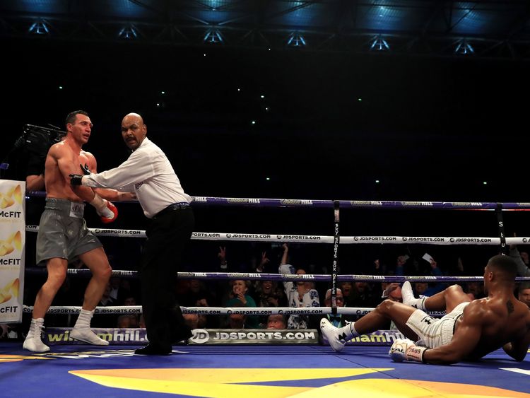 Anthony Joshua and Wladimir Klitschko in action during the IBF, WBA and IBO Heavyweight World Title bout at Wembley Stadium